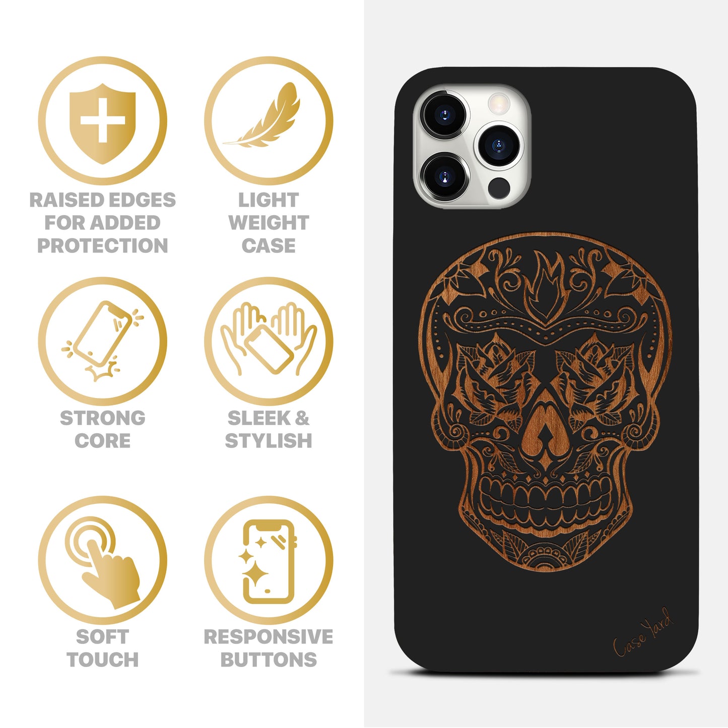 Wooden Cell Phone Case Cover, Laser Engraved case for iPhone & Samsung phone Skull Rose Design