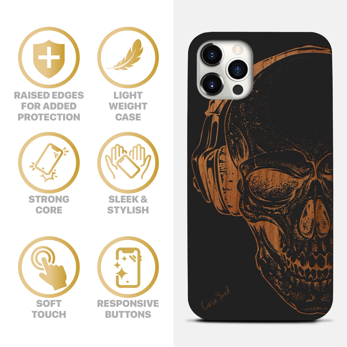 Wooden Cell Phone Case Cover, Laser Engraved case for iPhone & Samsung phone Headphone Skull Wood Design