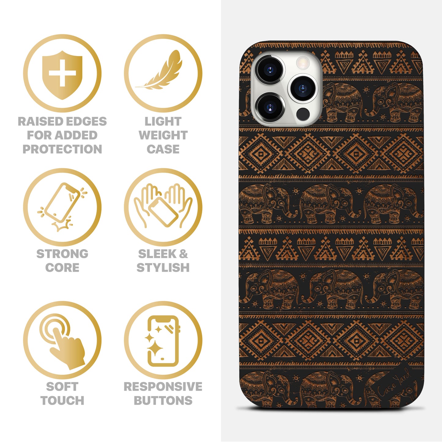 Elephant Pattern Wood Wooden Laser Engraved Phone Case