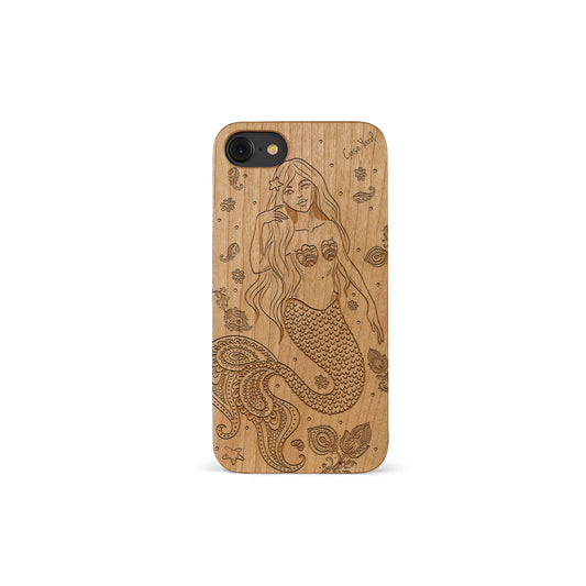 Wooden Cell Phone Case Cover, Laser Engraved case for iPhone & Samsung phone Mermaid Design