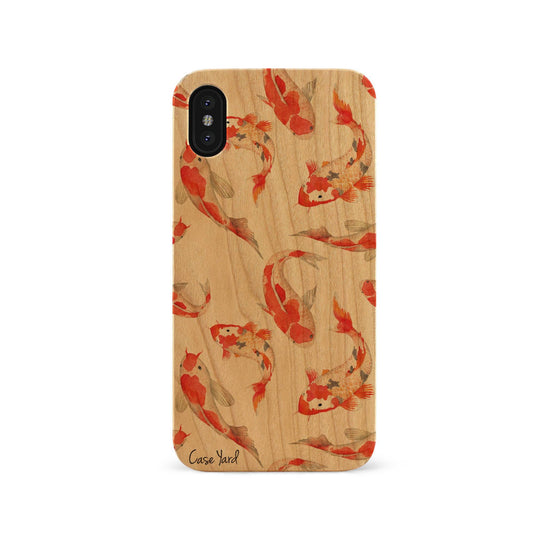 Koi Fish UV Colored Wood Wooden Laser Engraved Phone Case for iPhone