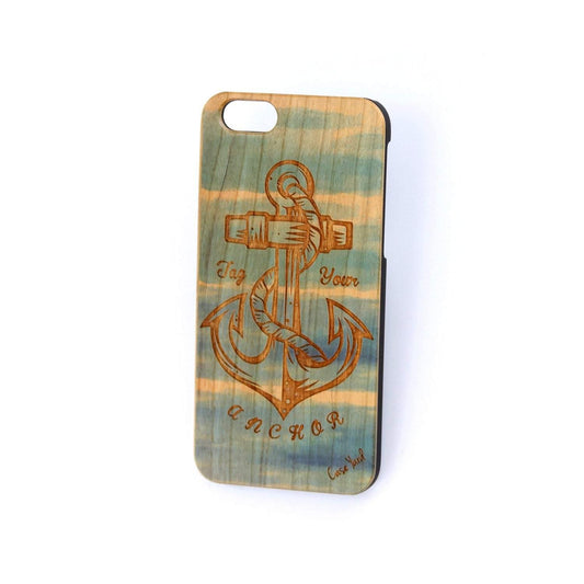 Blue Anchor Wooden Laser Engraved Phone Case for iPhone & Samsung Phones